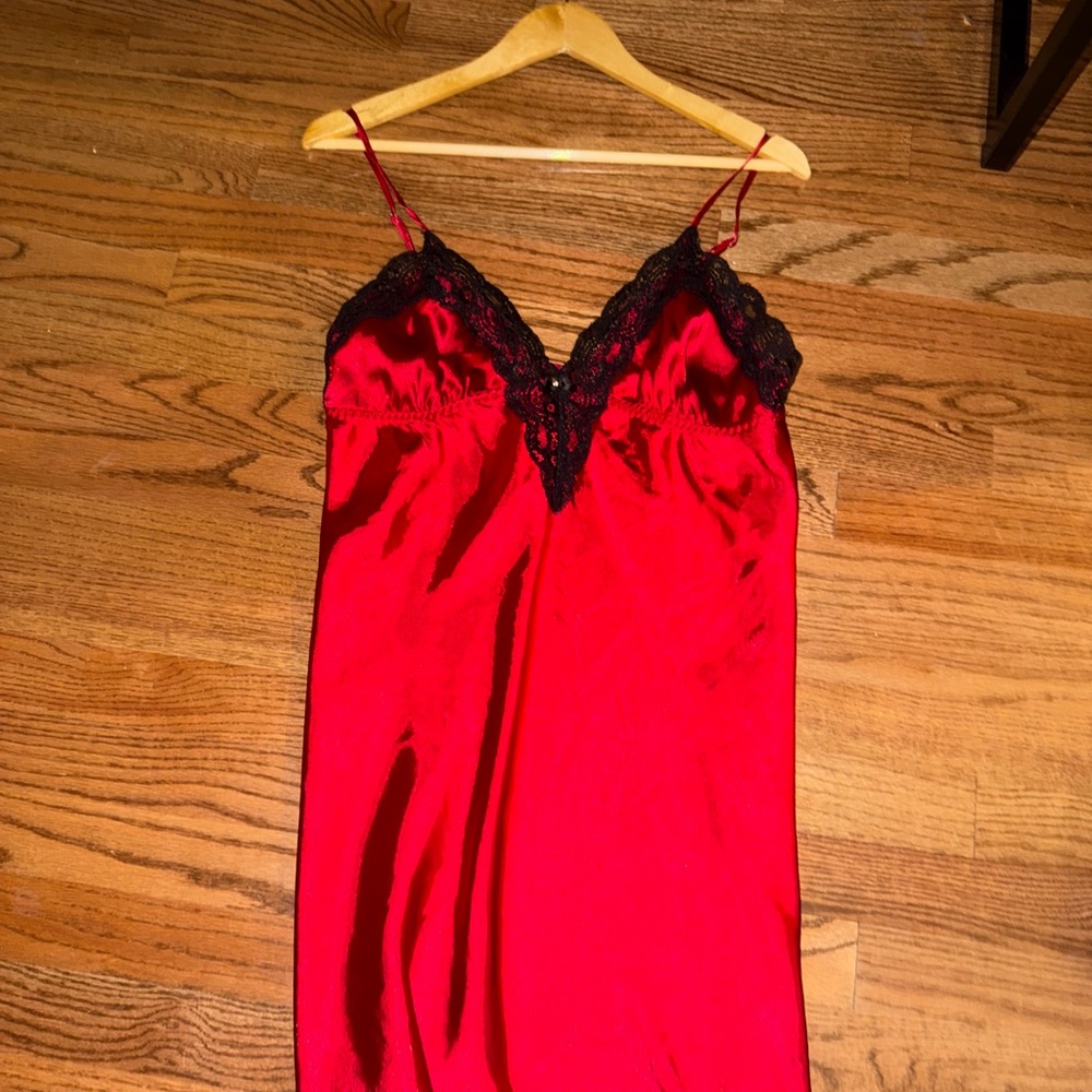 Vintage Red Satin Chemise with Black Lace